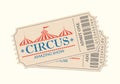 Circus tickets. Amazing show. Retro card with carnival tent or marquee. Admit one coupon. Vector illustration